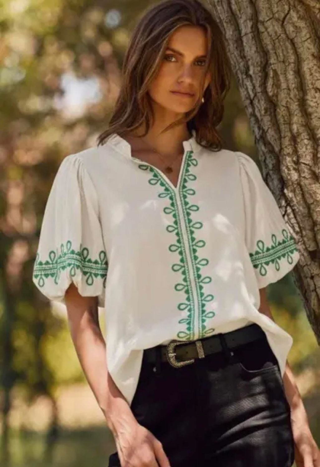 Embroidered Bubble Sleeve Top