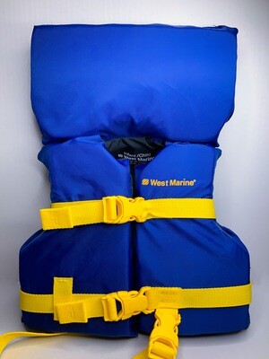 WEST MARINE BLUE AND YELLOW RUNABOUT INF/CHILD PFD 50LB