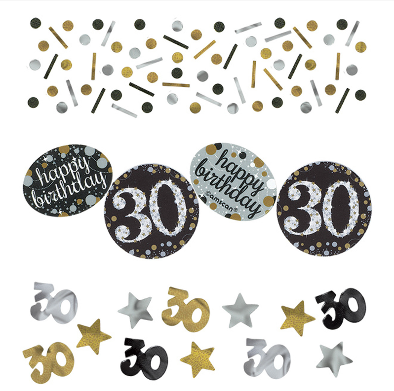 Borðskraut Confetti. 30 ára. Gull Silfur Svart.