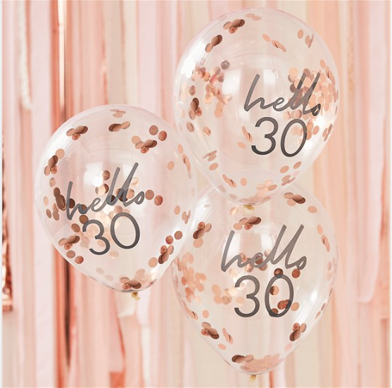 Latexblöðrur. Confetti. Rosegold. Hello 30. 5 stk.