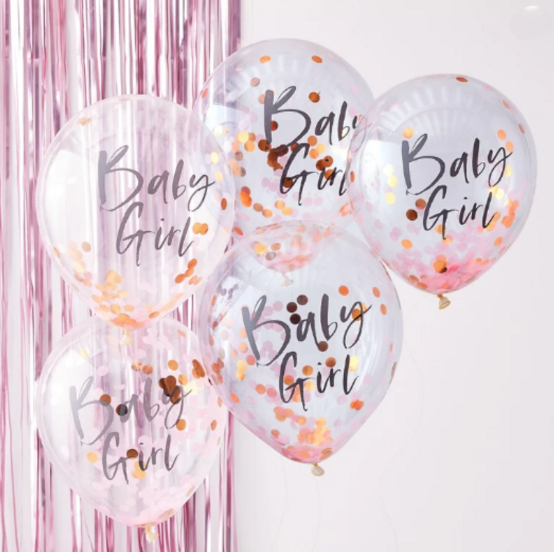 Latexblöðrur. Confetti. Bleikar. Baby Girl. 5 stk.