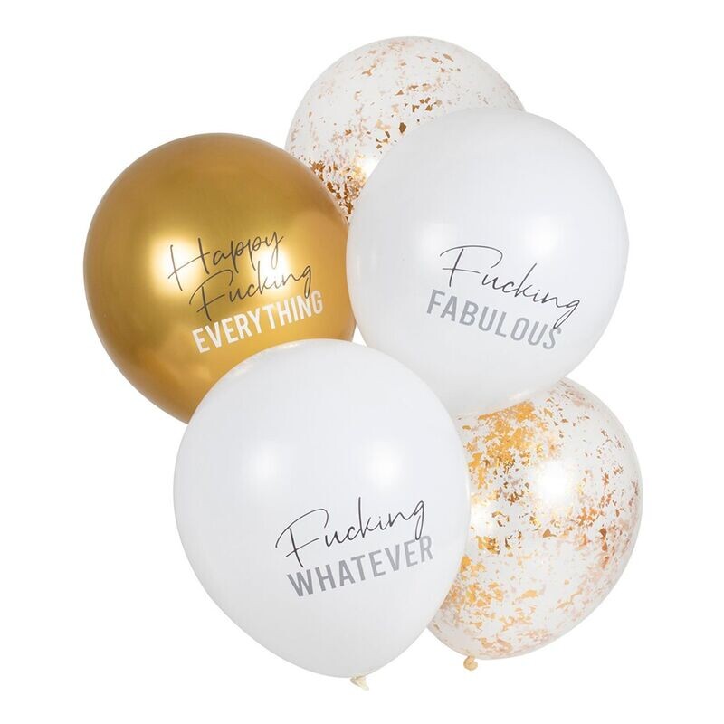 Latexblöður. Happy F. Everything. Gylltar, Hvítar og Confetti. 5 stk.