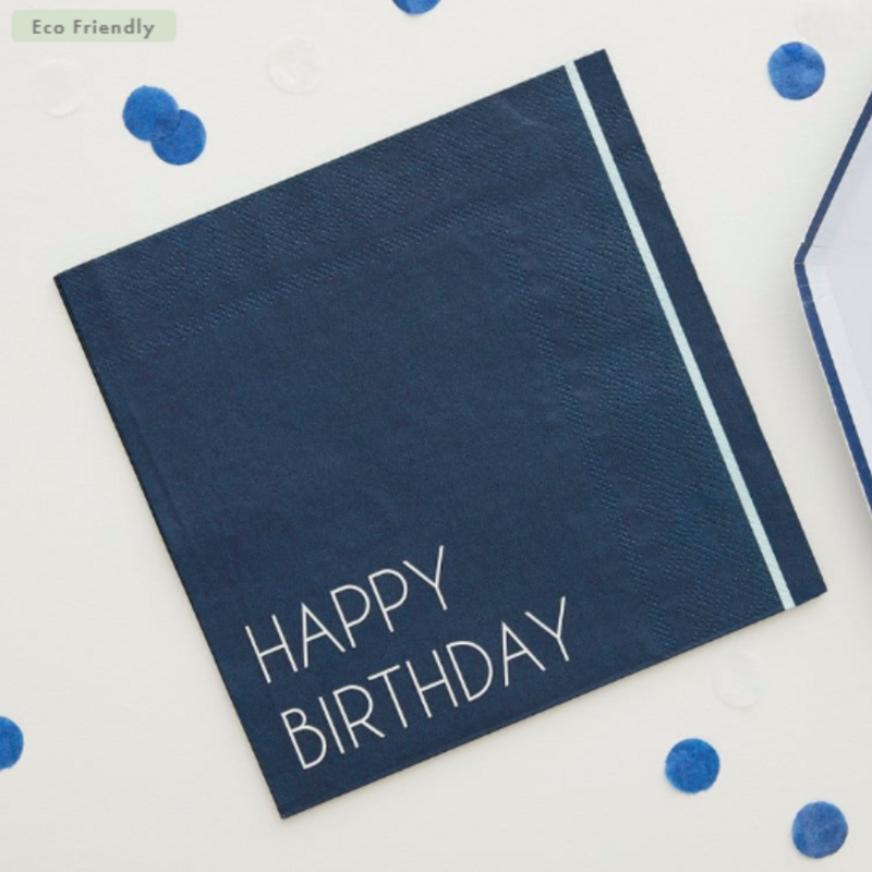 Servíettur. Happy Birthday. Navy bláar. 16 stk.