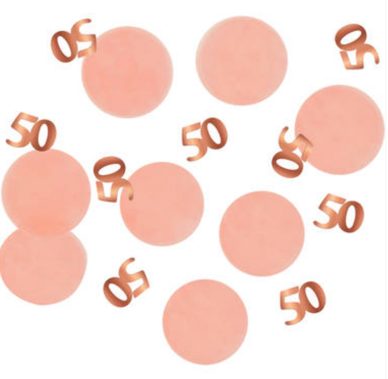 Borðskraut Confetti. 50 ára. Rose Gold og Ferskju
