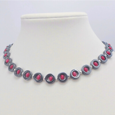 Red Stone and Hematite Circle Necklace