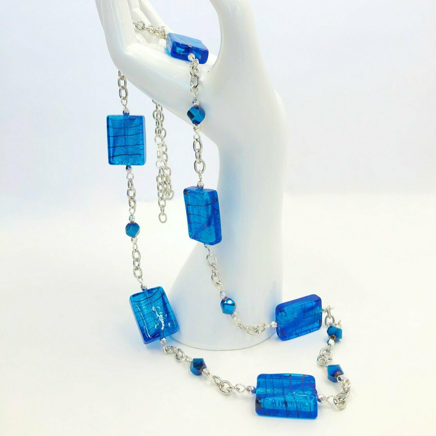 Deep Blue Glass Rectangular Beaded Long Chain Necklace