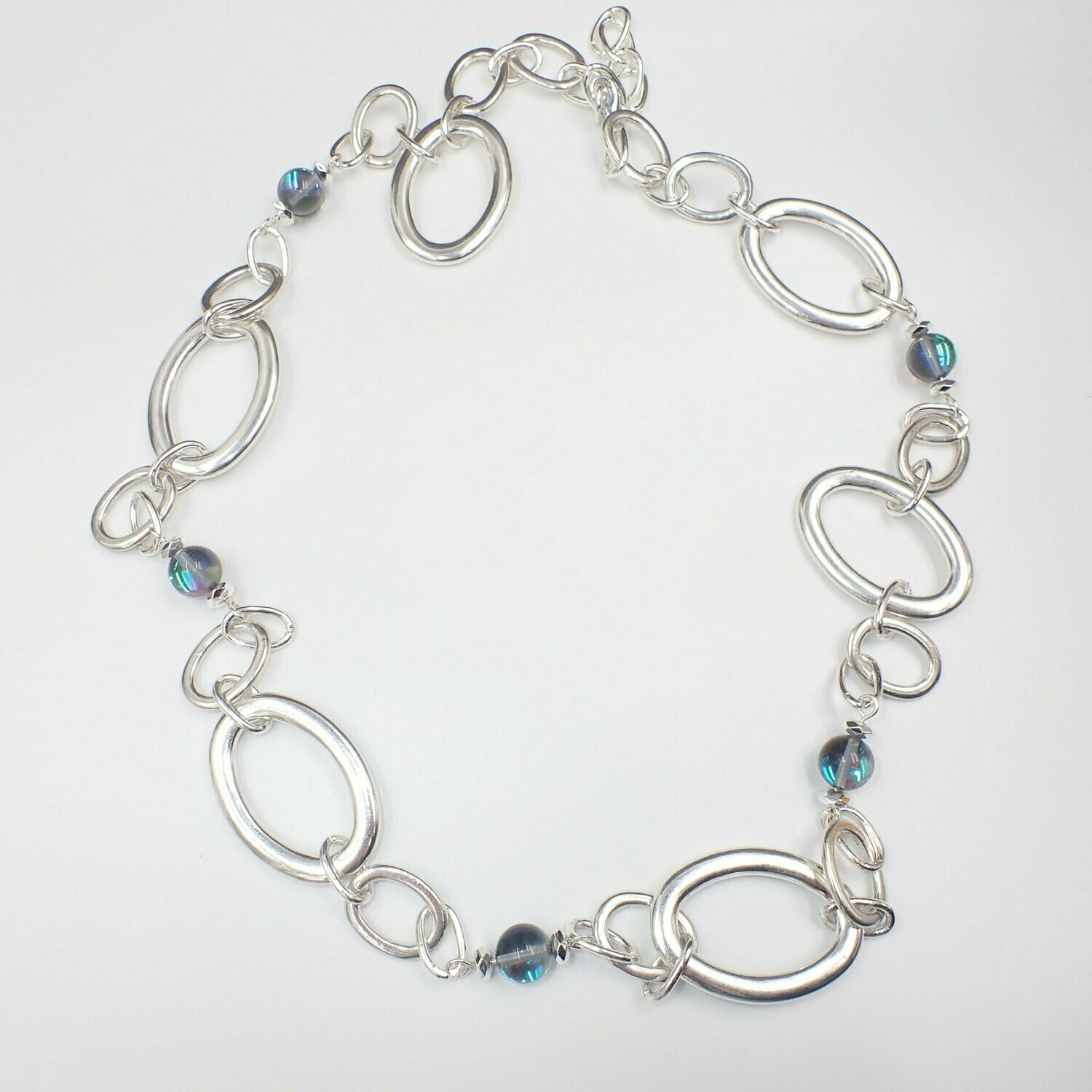 Silver Oval and Moonstone Chain Link Necklace