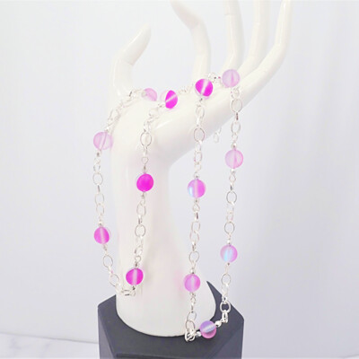 Pink Quartz Glass and Silver Hematite Bead and Chain Necklace