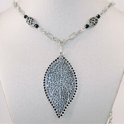 Large Pewter Leaf Pendant with Black Onyx Accents
