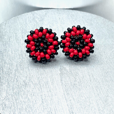 Round Beaded Post Earrings with Black