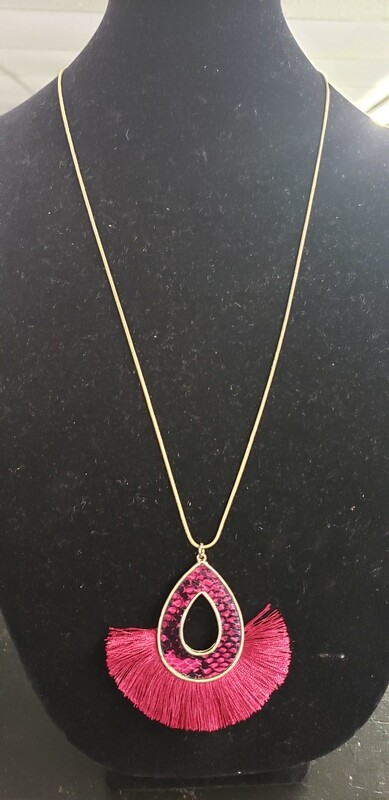 Magenta Tassled Tear drop charm necklace