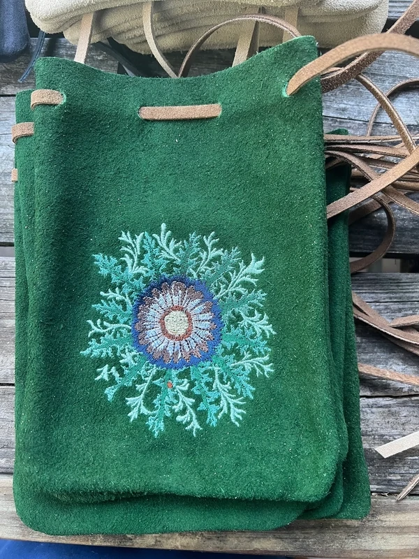 Suede Embroidered Suede Leather Bag 8.5x6 - Medieval Flower, Embroidered Medieval Flower: Green