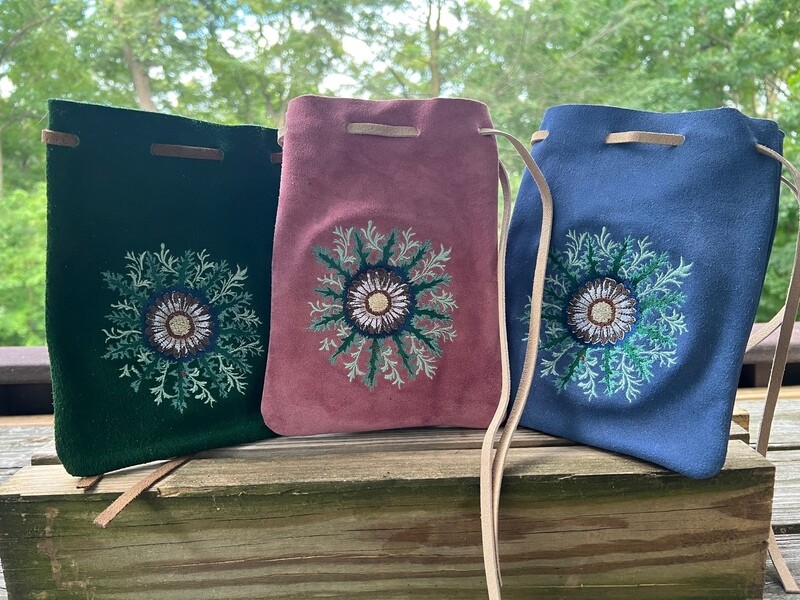 Suede Embroidered Suede Leather Bag 8.5x6 - Medieval Flower