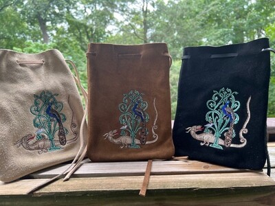 Suede Embroidered Suede Leather Bag 8.5x6 - Serpent and Peacock in a Tree