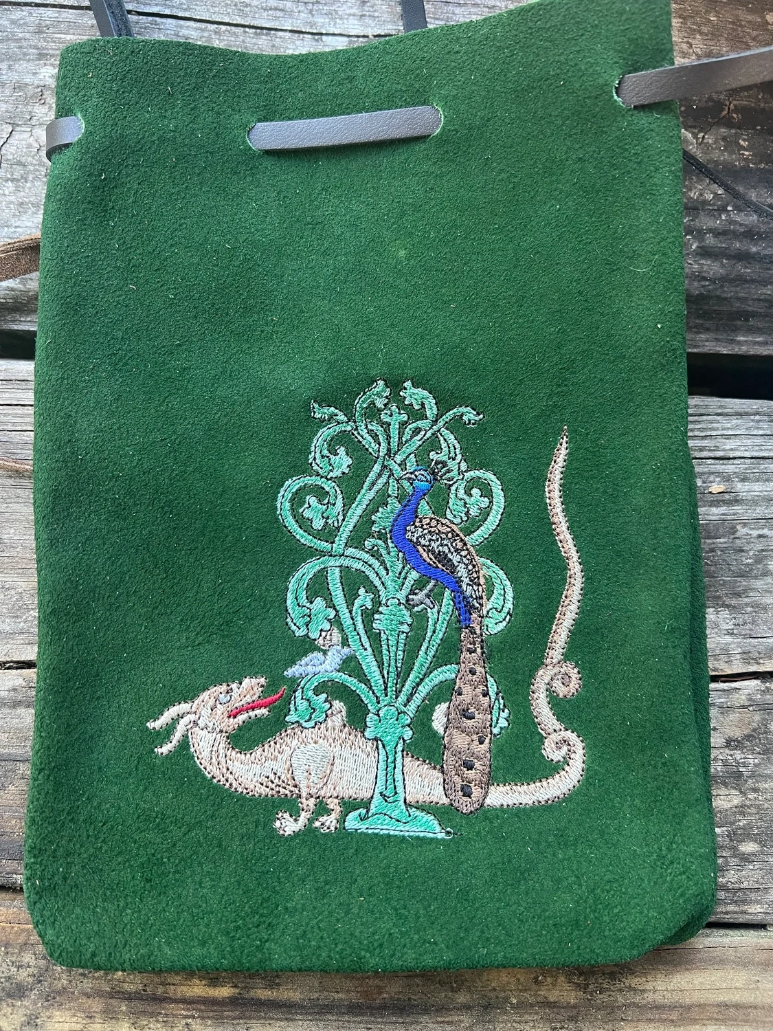 Suede Embroidered Suede Leather Bag 8.5x6 - Serpent and Peacock in a Tree