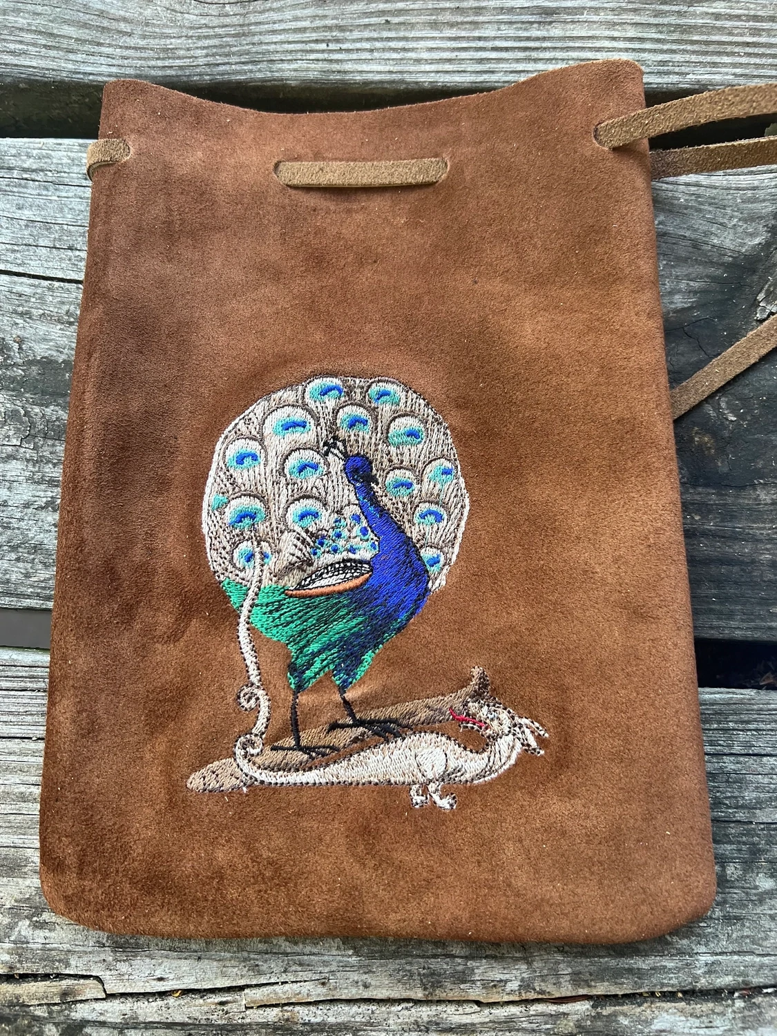 Suede Embroidered Suede Leather Bag 8.5x6 - Serpent and Peacock World Card