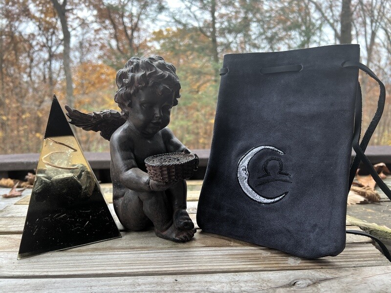 Suede Embroidered Leather Bag 8.5x6 - Libra Moon