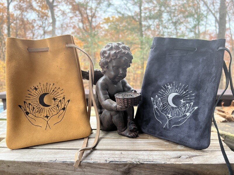 Suede Embroidered Leather Bag 8.5x6 - Tarot Hands