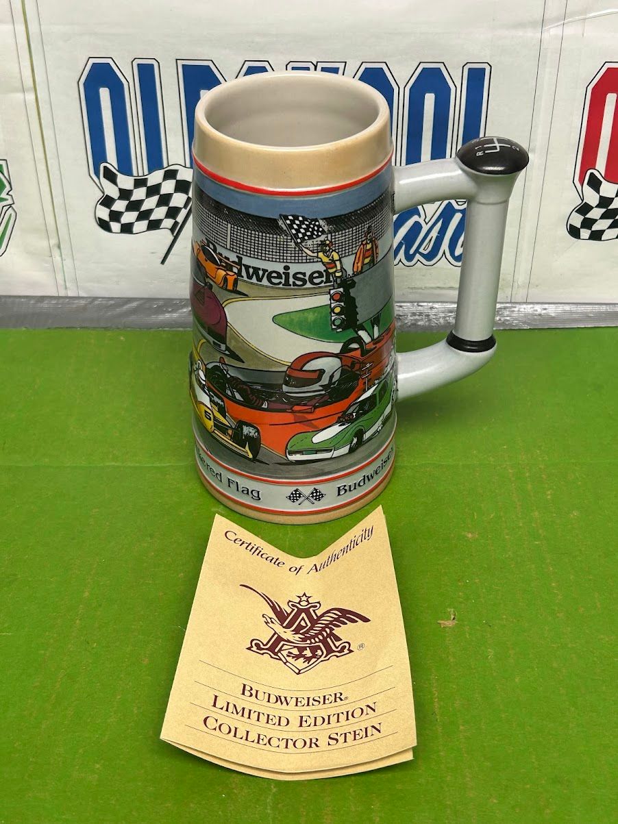 Budweiser Limited Edition Collector Stein with Certificate of Authenticity Chasing the Checkered Flag 1991