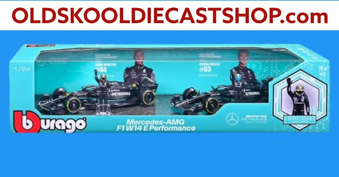 Mercedes Formula One 2 pack w/ Drivers Lewis Hamilton #44 Seasonal Livery &amp; George Russell #63 Seasonal Livery Mercedes-AMG F1W14 Performance 2023 Formula One Burago 1:24 Scale