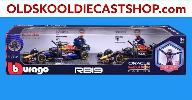 Oracle Red Bull Racing RB19 Formula One 2 pack w/ Drivers Max Verstappen #1 Austin GP Livery &amp; Sergio Perez #11 Seasonal Livery 2023 Formula One Burago 1:24 Scale