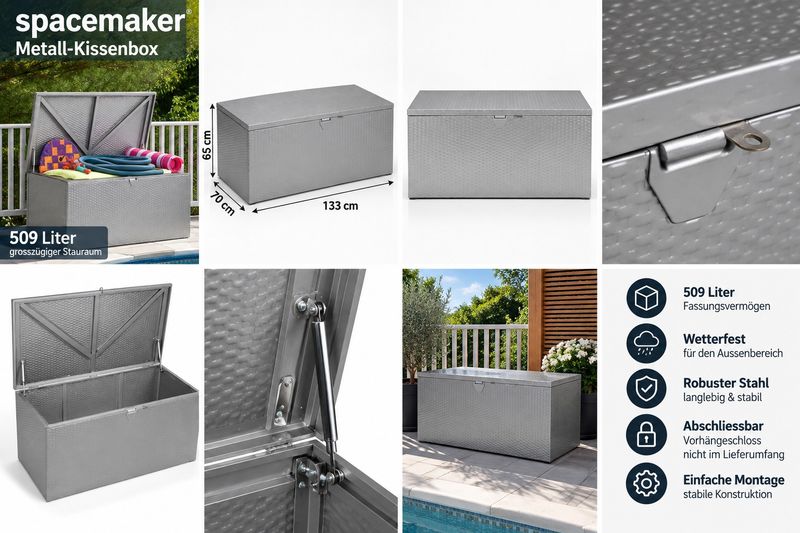 Spacemaker Metall Kissenbox 509L silber | Gartenbox 133×70×65 cm | Wetterfest &amp; abschliessbar