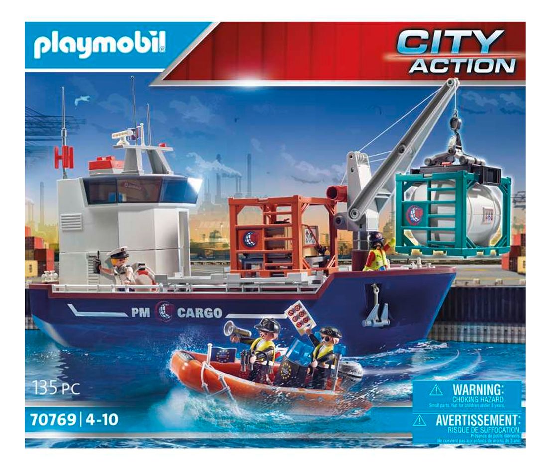 PLAYMOBIL 70769 grosses Containerschiff mit Zollboot – City Action Cargo-Schiff