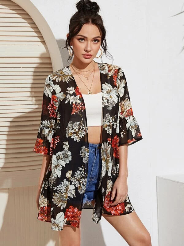 Kimono transparent à manches cloche avec imprimé floral