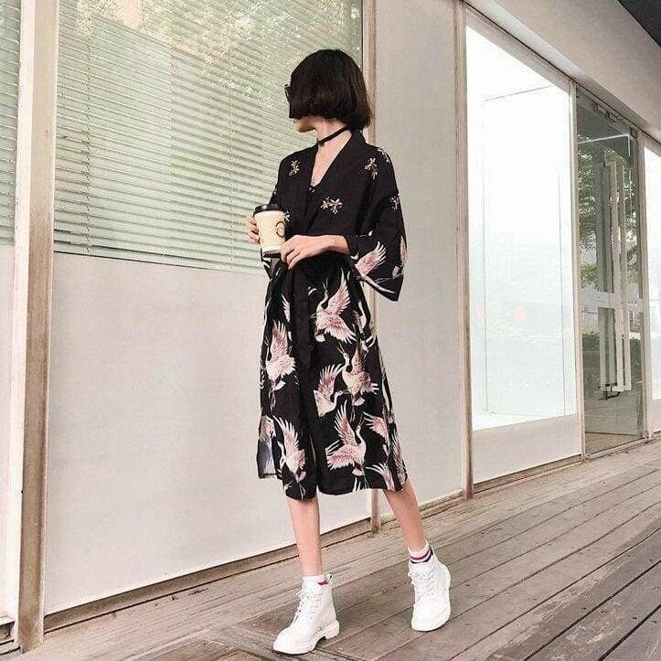Kimono long imprime &quot;le vol des grues&quot;