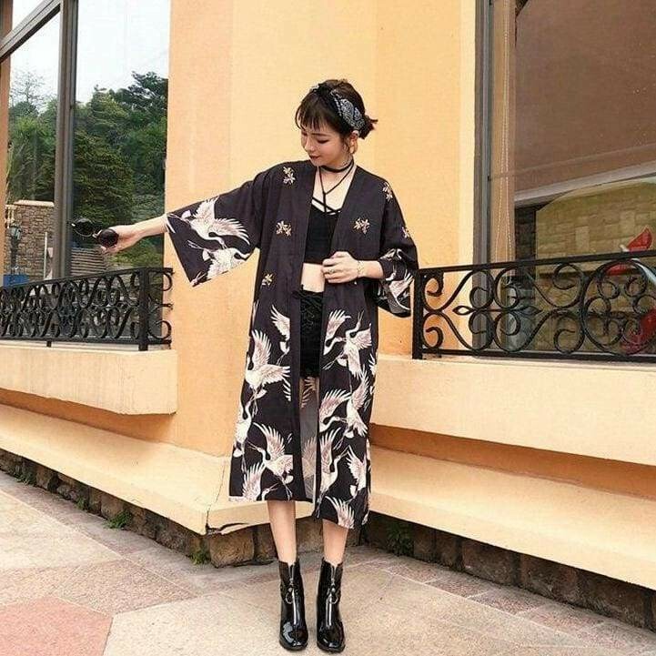 Kimono long imprime &quot;le vol des grues&quot;