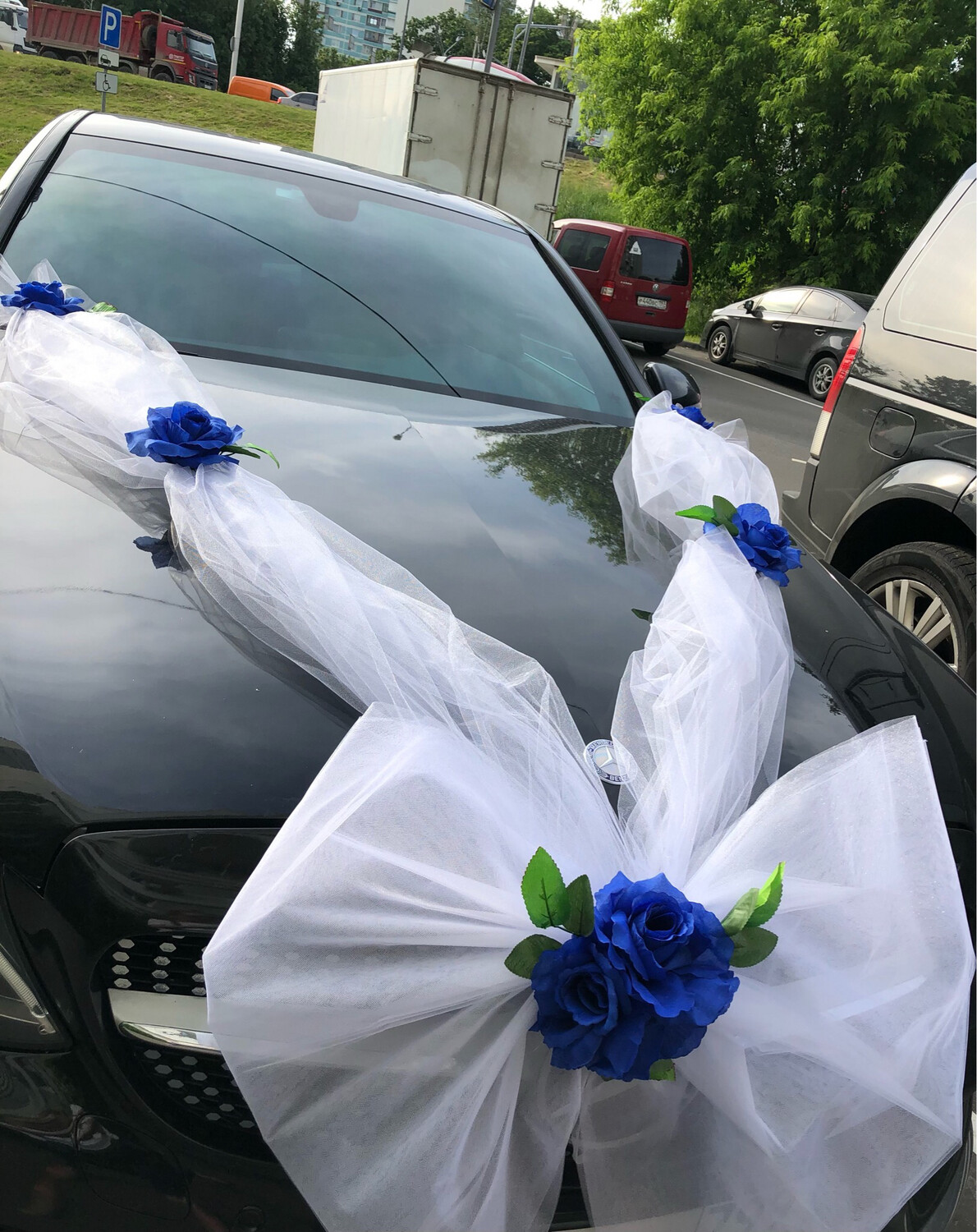 Лента для авто «Невеста », белый/синий , фатин, розы