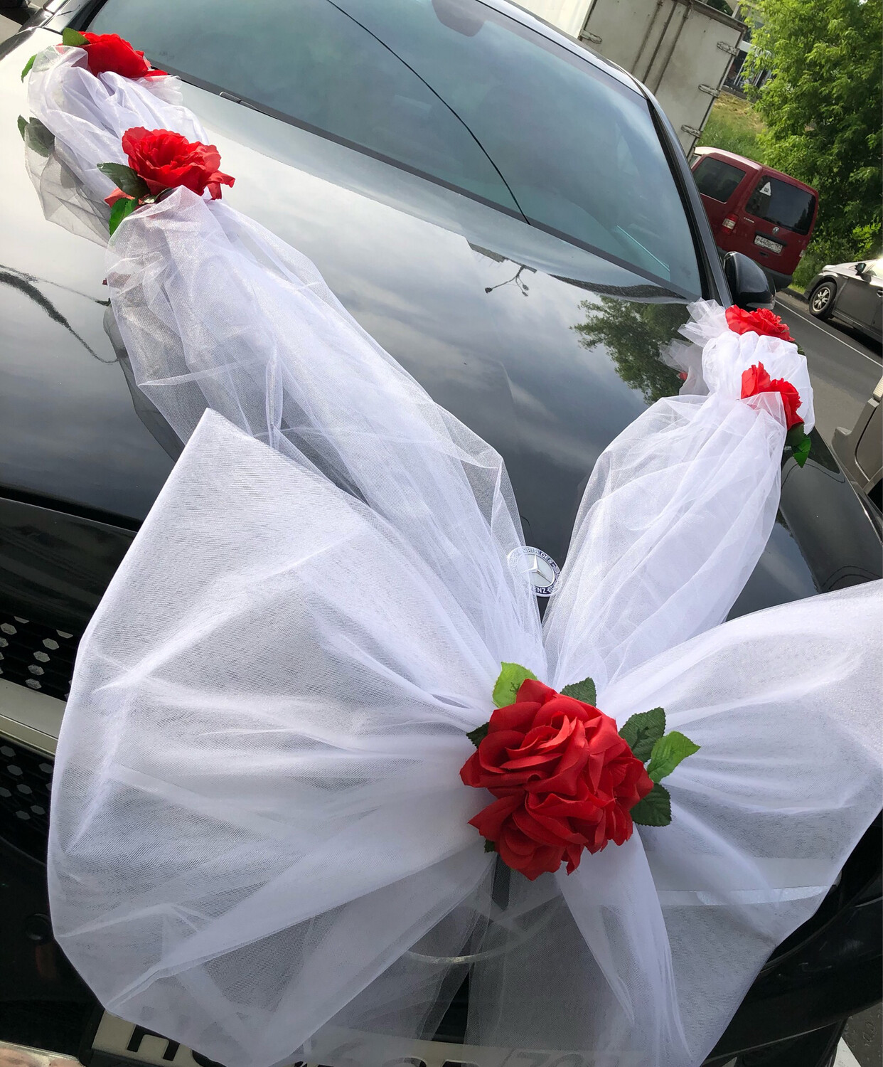Лента для авто «Невеста », белый/красный , фатин, розы