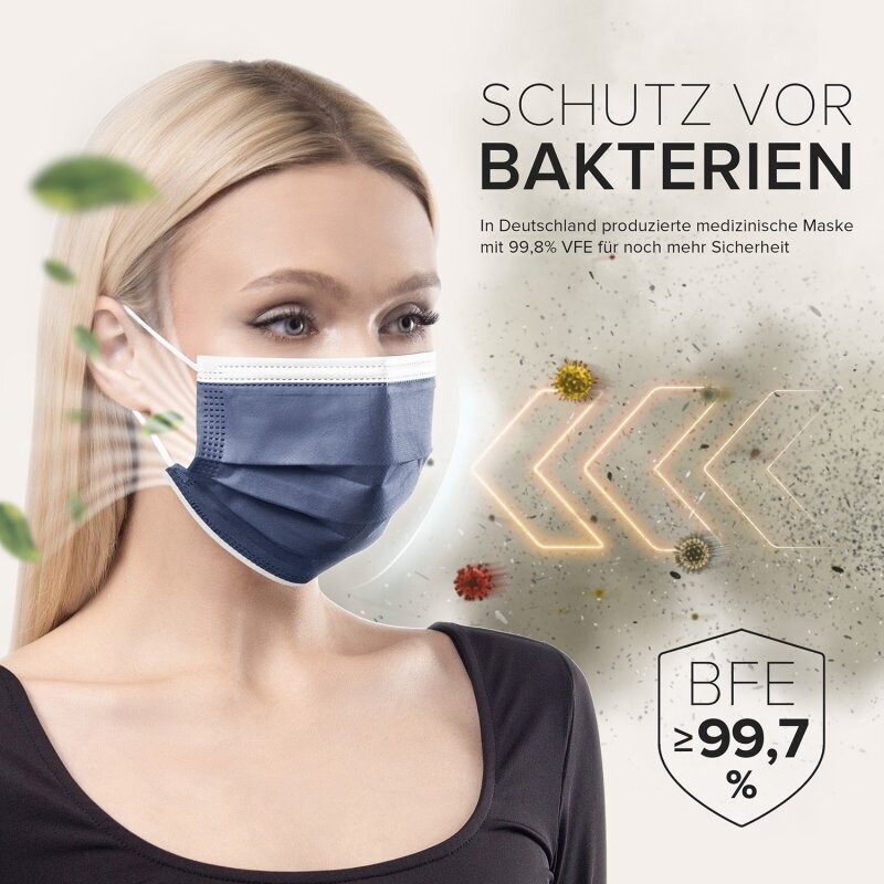 HARD 50x Medizinischer Mundschutz, Typ IIR, Made in Germany, Dunkelblau