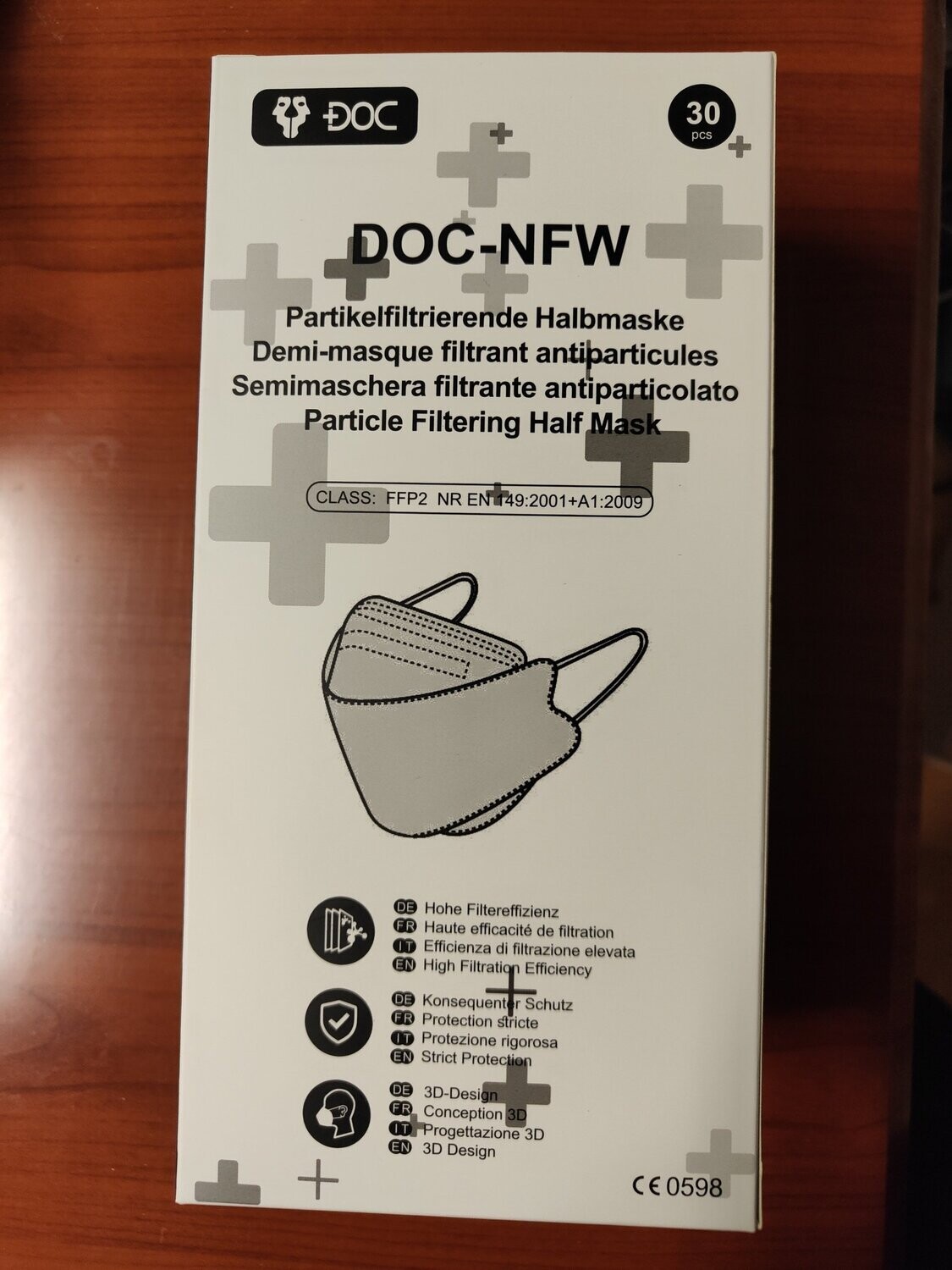 DOC-NFW, Atemschutzmaske, FFP2, schwarz, 30 Stück/Box, einzeln verpackt, EN 149:2001+A1:2009,