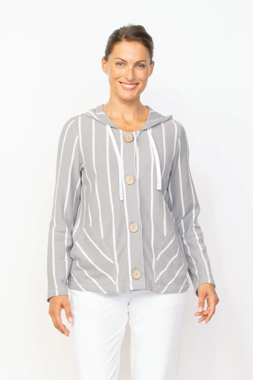French Terry Stripe Button Hoodie Medium Gull- Habitat
