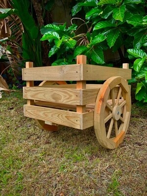 Rustic Patio carreta para jardín fabricado en la capital de la madera Guaimaca, El largo es 52 pulgadas, la rueda 26 pulgadas diámetro y la caja 22 por 28 pulgadas.