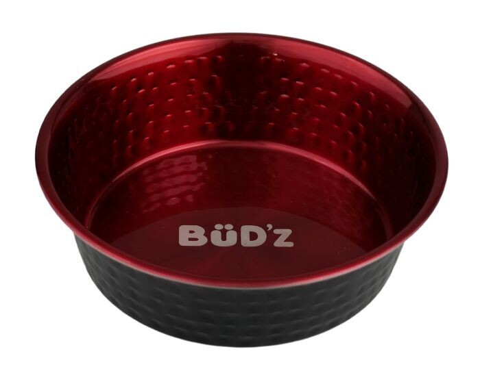 BUD'Z STAINLESS STEEL BOWL WITH HAMMERED INTERIOR - RED 32 OZ