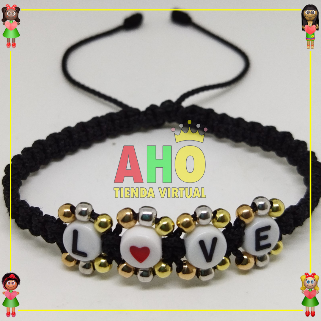 Pulsera Tejida Macrame Con Letras Acrilicas Oro18k