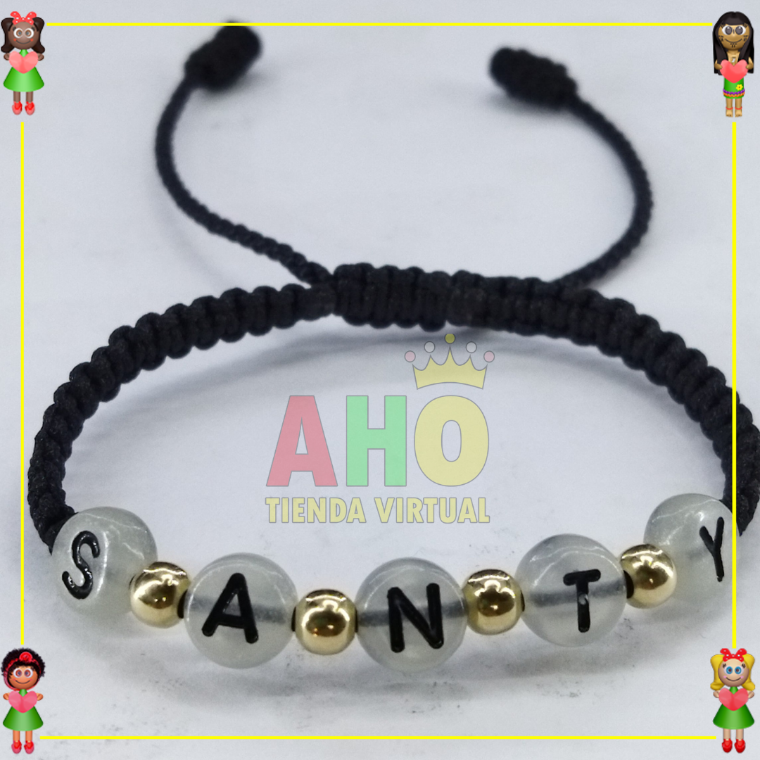 Pulsera Tejida Macrame Con Letras Acrilicas Oro18k