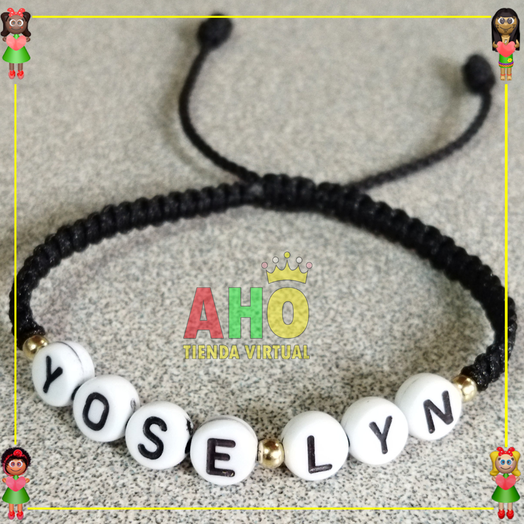 Pulsera Tejida Macrame Con Letras Acrilicas Oro18k