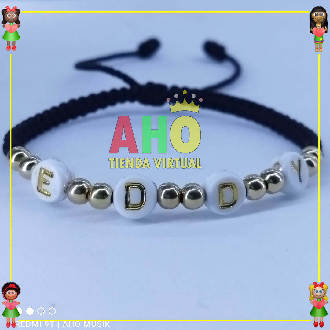 Pulsera Tejida Macrame Con Letras Acrilicas Oro18k