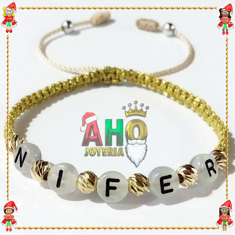 Pulsera Tejida Macrame Con Letras Acrilicas Oro18k
