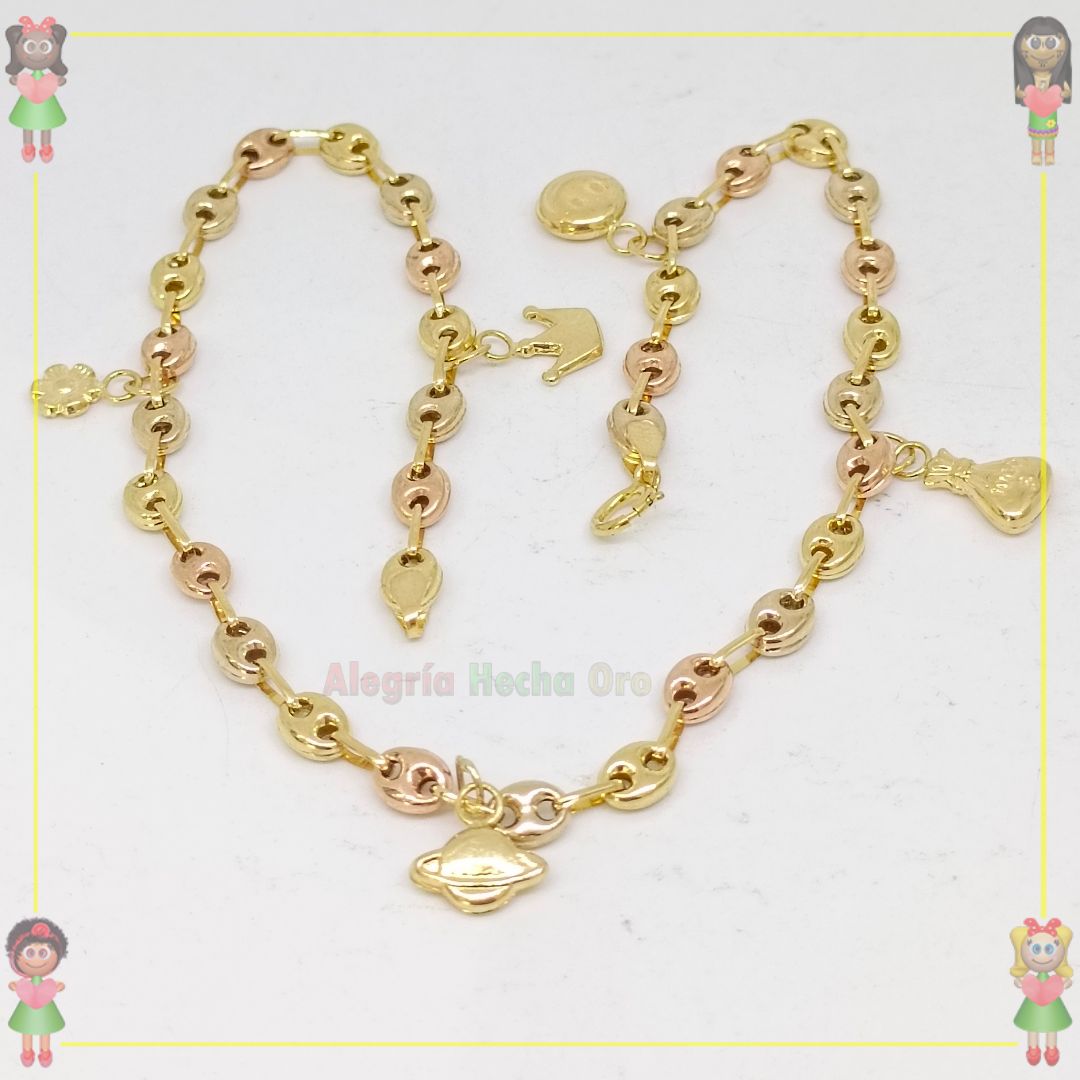Tobillera Con Dijes en 3 Oro18k