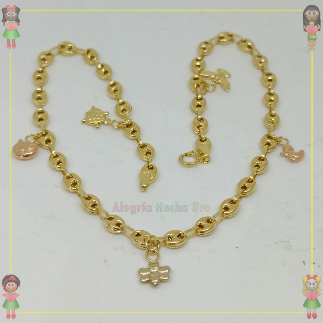 Tobillera Con Dijes en 3 Oro18k
