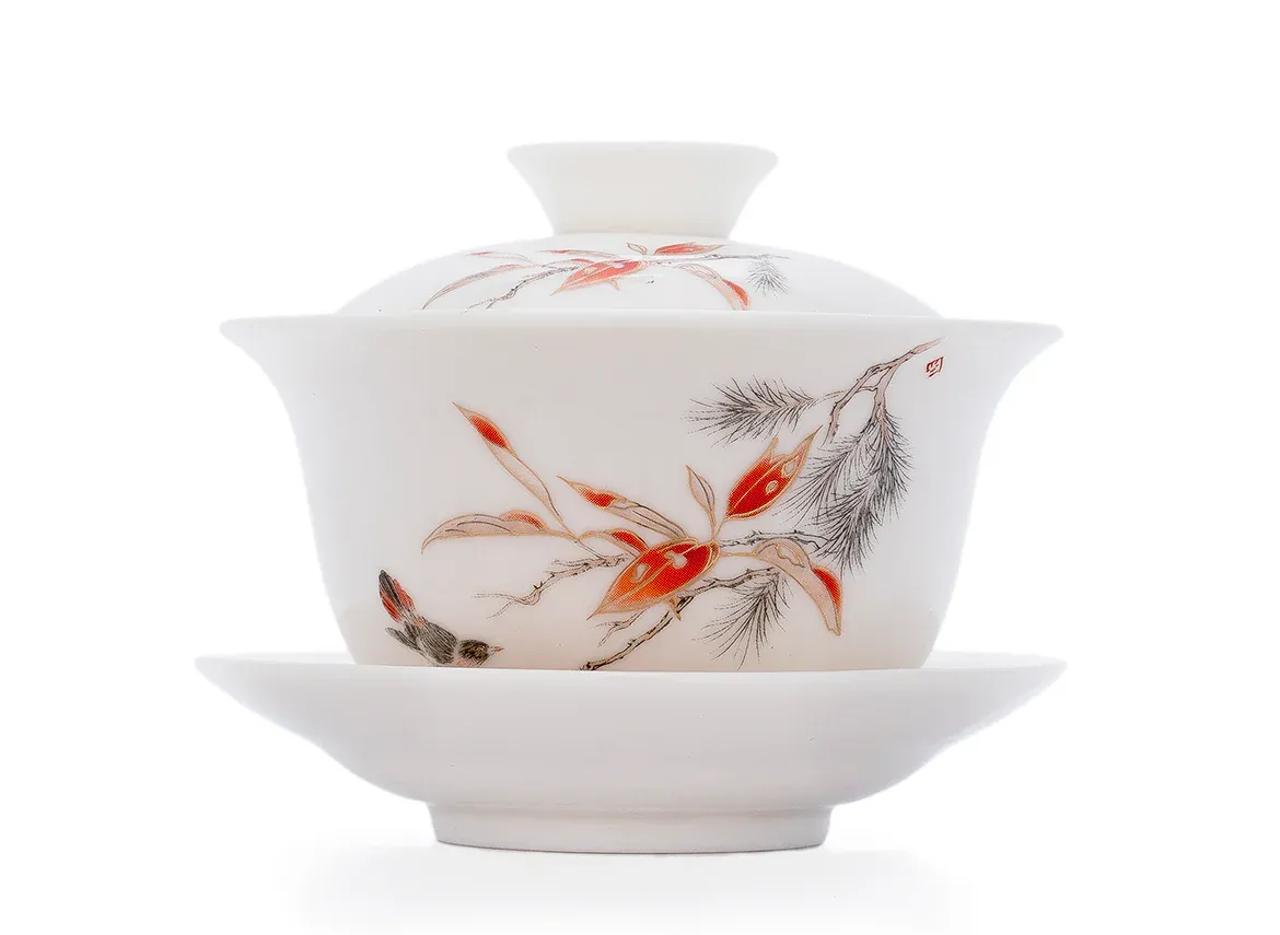 Gaiwan blanc & feuilles en porcelaine, 120 ml