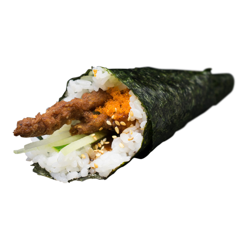 Handroll Softshellcrab, kuit, teriyaki, komkommer