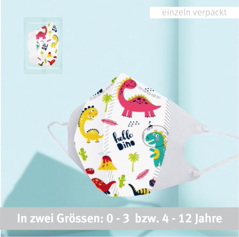 3-lagiger Mundnasenschutz Dino bedruckt vorgeformt Baby und Kinder (Einweg) - 5 Stück