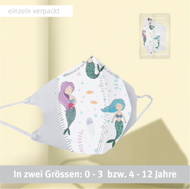 3-lagiger Mundnasenschutz Mermaid bedruckt vorgeformt Baby und Kinder (Einweg) - 5 Stück