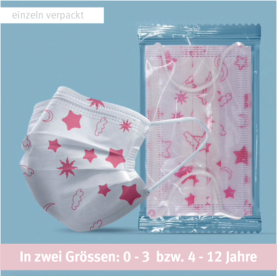 3-lagiger Mundnasenschutz Pink Star bedruckt Baby und Kinder (Einweg) - 5 Stück