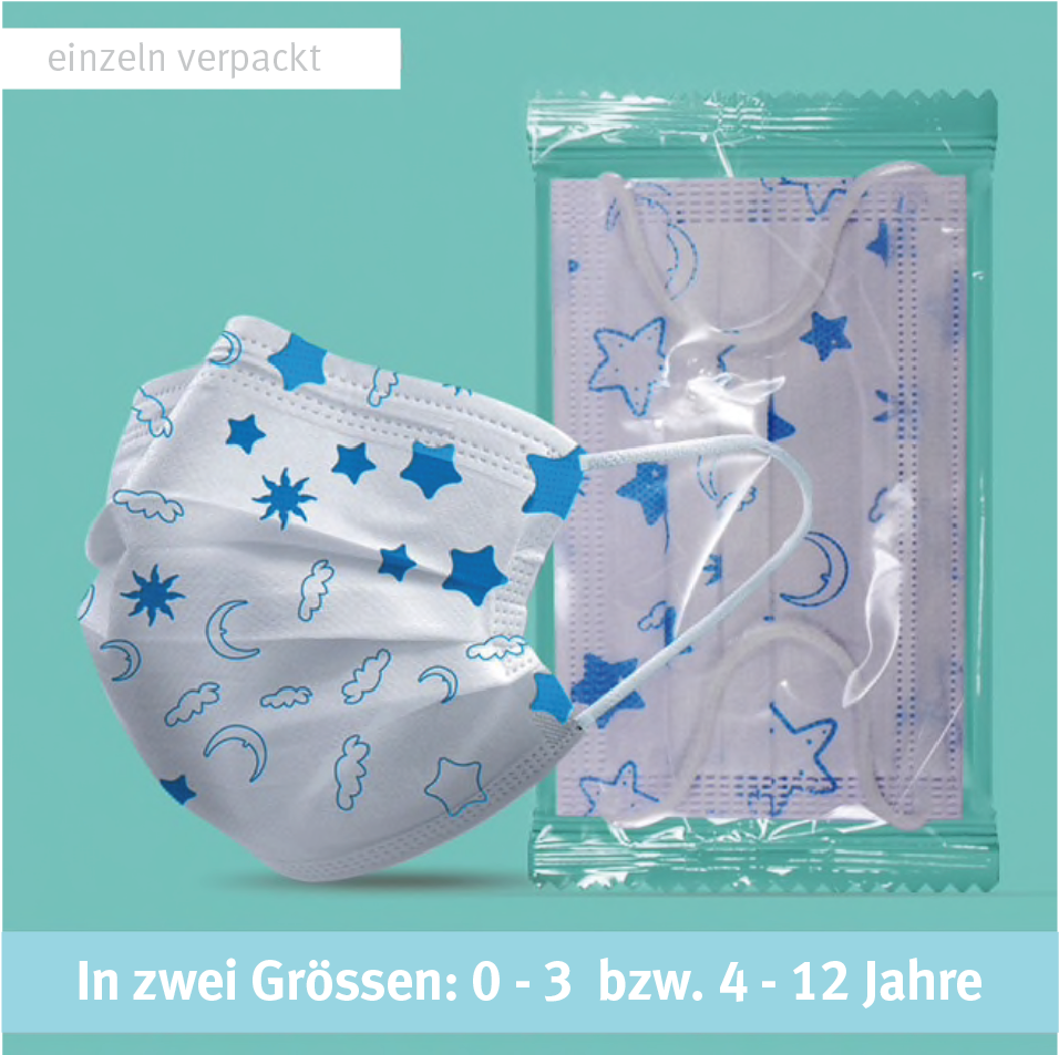3-lagiger Mundnasenschutz Blue Star bedruckt Baby und Kinder (Einweg) - 5 Stück